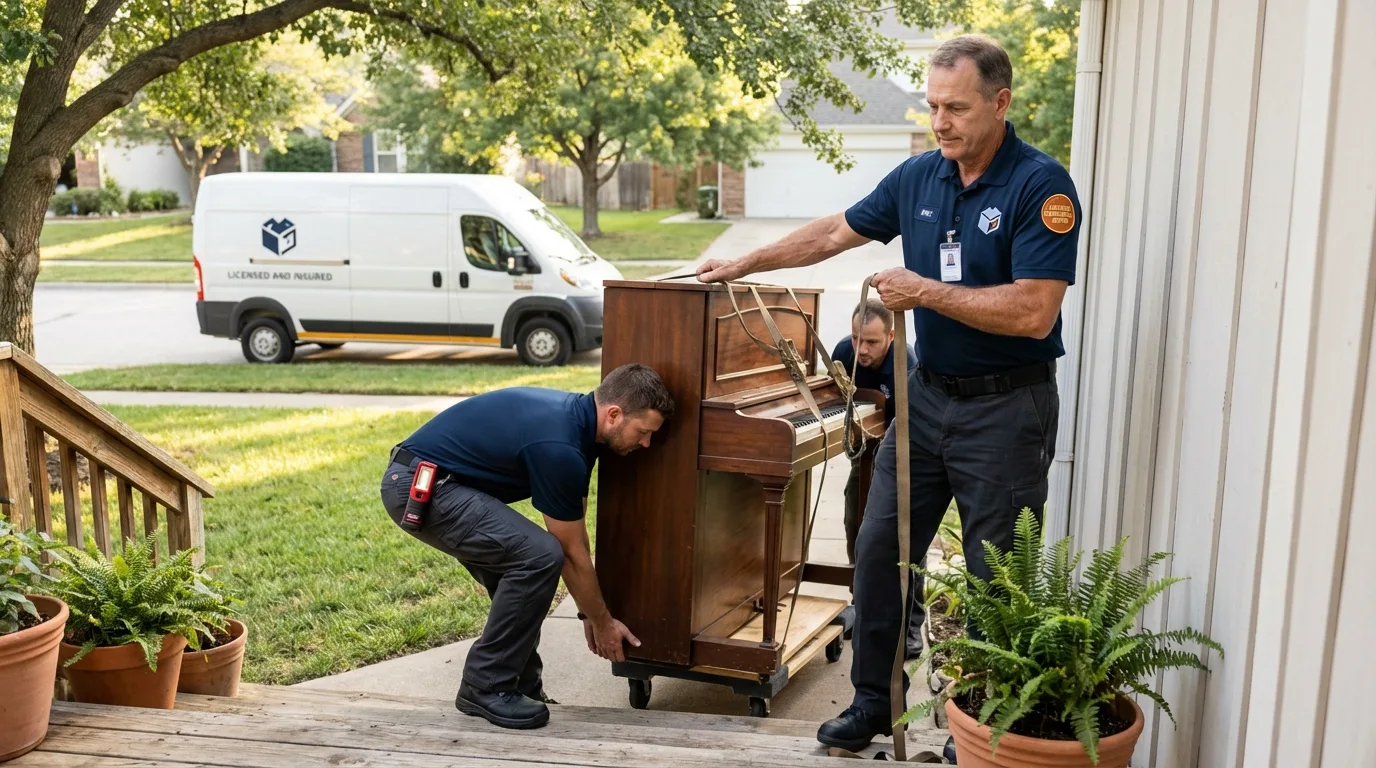 Licensed piano movers securing grand piano in Oceanport, NJ