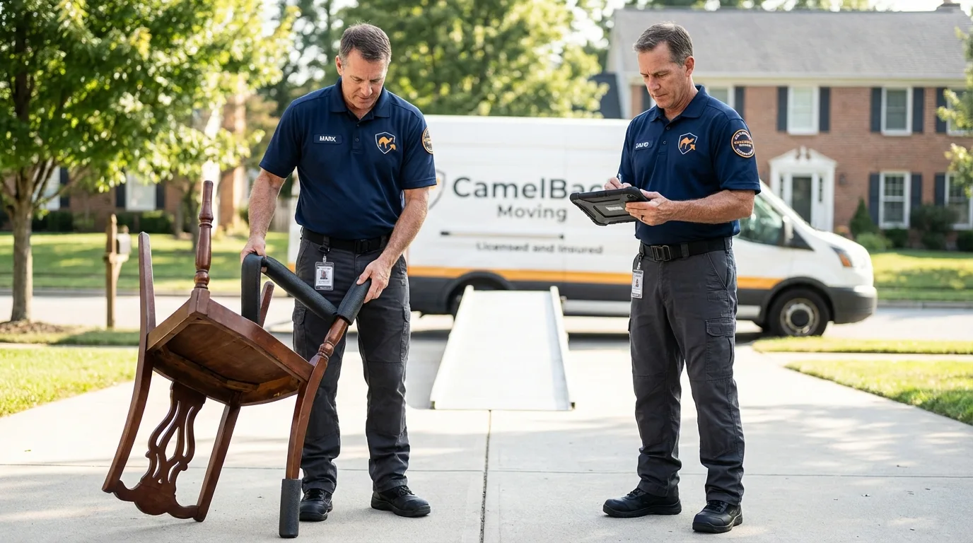 Movers inspecting furniture for damage prevention before loading in Oceanport, NJ