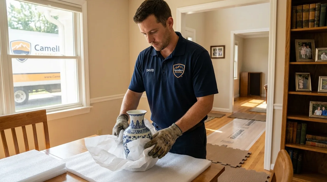 Professional crew carefully wrapping antique vase for senior downsizing move in Oceanport, NJ